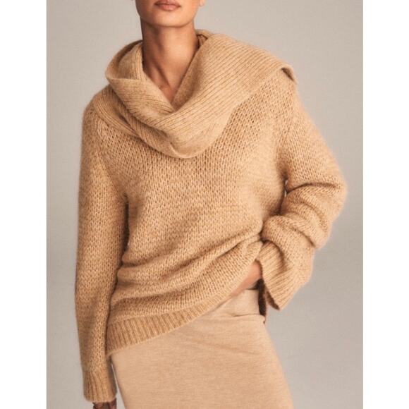 J. Crew Camel Tan Chunky Knit Attached Scarf Sweater Pullover NWT - Picture 1 of 12
